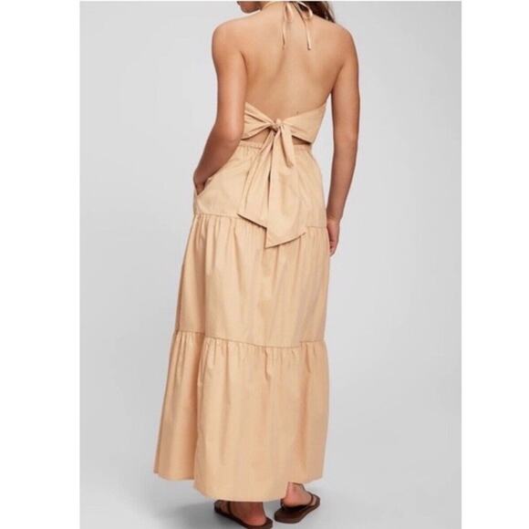 GAP Tie Back Halter Tiered Skirt Maxi Dress Beige Size 16 - Picture 2 of 7